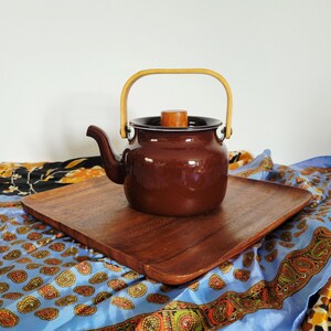 Honey Ware "Your Life" Brown Enamel Charm Pot with Wood Handle. Vintage Japanese Fujihoro Teapot. Compact Portable Camping Kettle