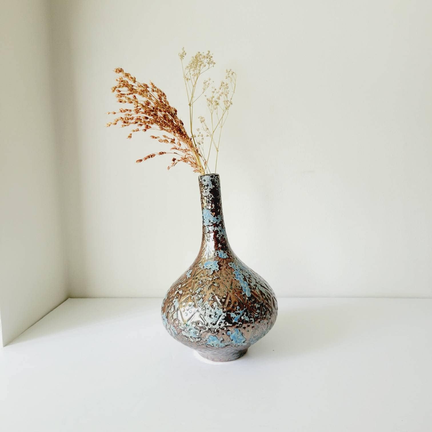 Vintage Ceramic Vase, Iridescent Blue & Brown Glaze, Decorative Flower Vase