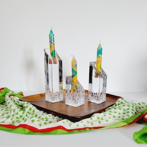3 or 6 Tiered Waterford Crystal Lismore Essense Candleholders. Blown Glass Graduated Taper Candle Holder Set. Diamond Etched Fine Crystal
