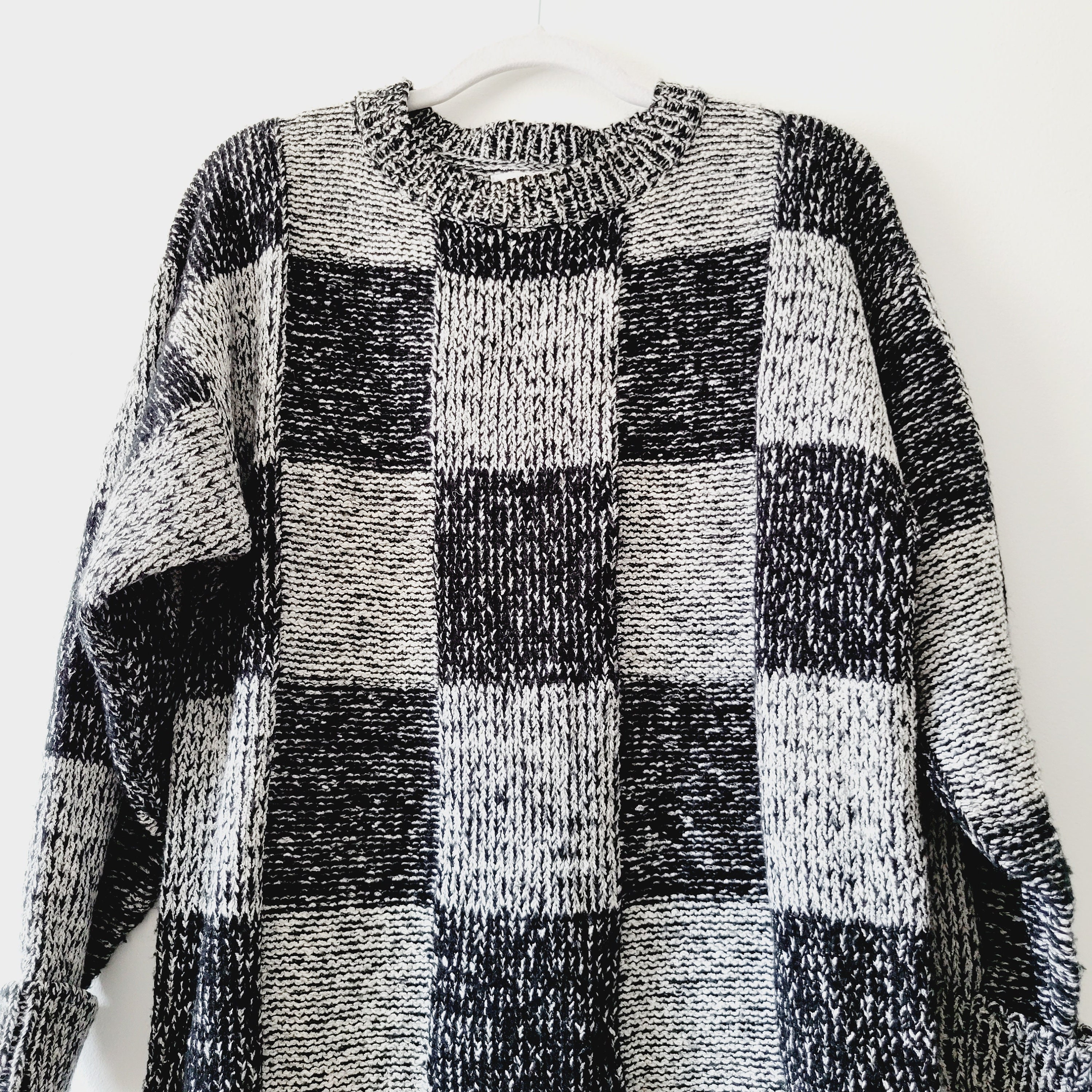 Vintage 80s Checkerboard Knit Sweater Dress - Oversized Black 