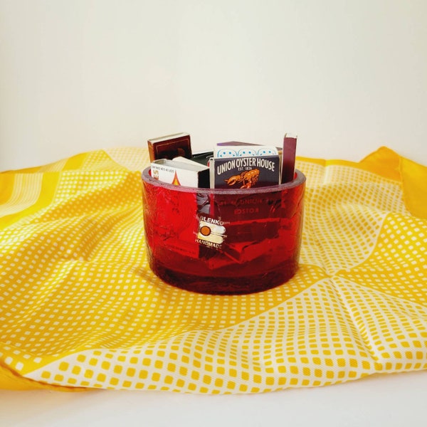 Blenko Ruby Crackle Glass Candle Votive Holder. Vintage West Virginia Glass Dish. Collectible Blenko Catchall Bowl Ring Dish