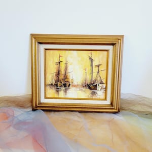 Vintage Framed Boat Harbor Oil Painting. Sunrise Fisherman&#39;s Boat Wall Art. Nautical Themed Decor. Artist Signed Small Textured Oil Painting