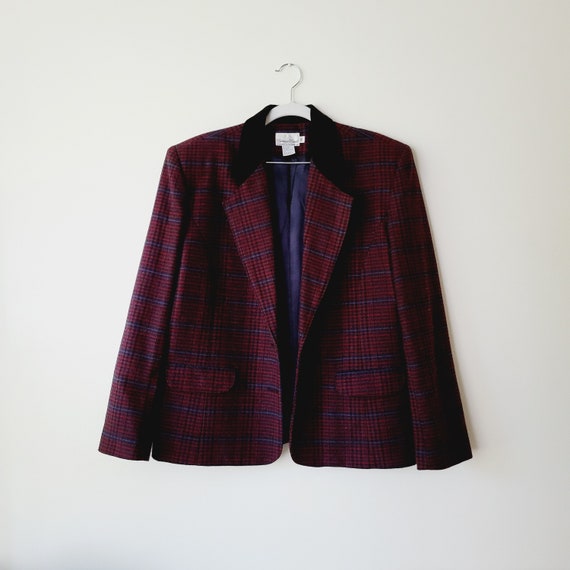 Moody Burgundy and Blue Plaid Blazer. Preppy Velv… - image 1