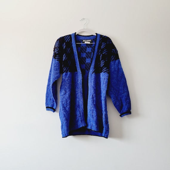 80s Soft Cobalt Blue Checkered Cardigan. Black an… - image 1