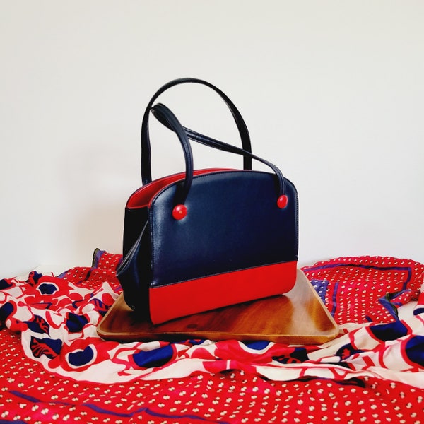 Mod 60s Colorblocked Handbag. Fun Navy Blue and Red Top Handle Purse. Colorful Boxy Shoulder Bag. Vintage Top Clasp Handbag