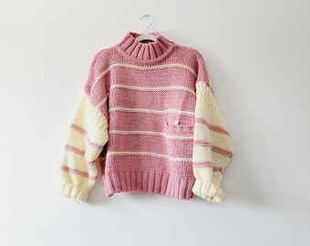 Maglione a righe lavorato a mano - Maglione a maglia grossa rosa e crema