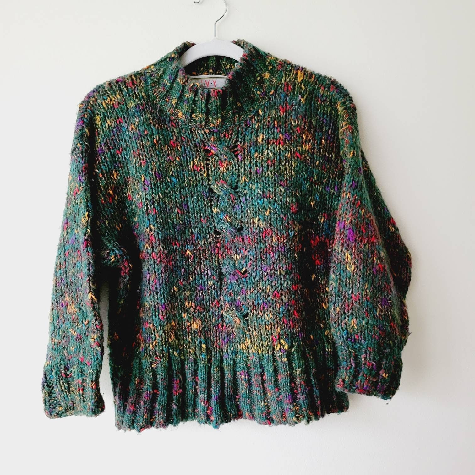 Petite Emerald Green 90s Turtleneck Pullover. Marled Knit