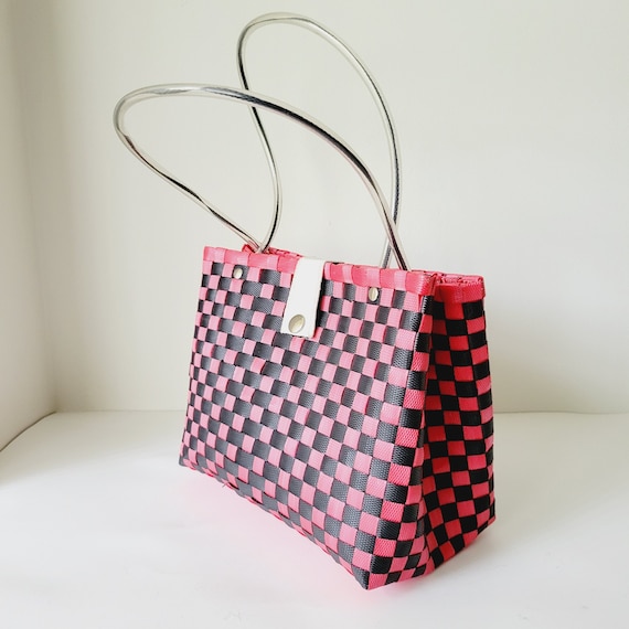 80s Postmodern Woven Plastic Purse. Vintage Red and Black 