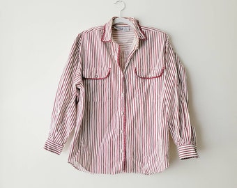 80s Pinstriped Cotton Button-Up Blouse, Burgundy & White, Contrast Piping