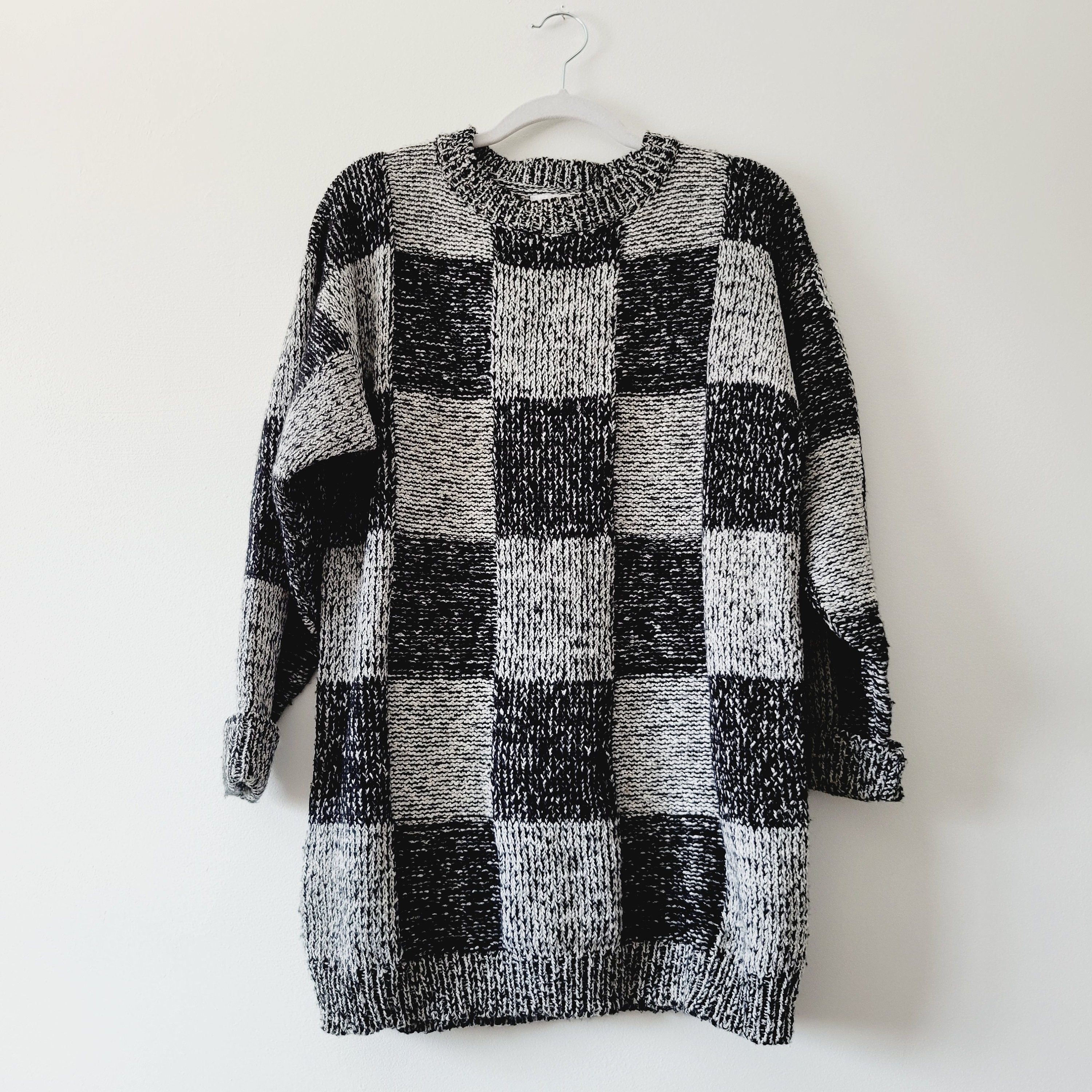 black and white sweater dress Vintage 80s Checkerboard Knit - Oversized Checkered Pullover fit:Regular Add a denim jacket.Small shipfromusa A-Line Short Wedding Dress