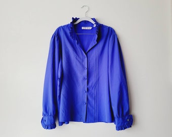 Vintage Ruffle Collar Blouse - 80s Royal Blue Button Down Shirt