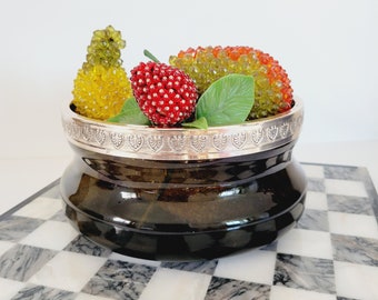 Hollywood Regency Smoked Glass Fruit Bowl with Silver Rim