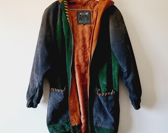 90s Colorblocked Suede Streetwear Jacket. Warm Hooded Men's