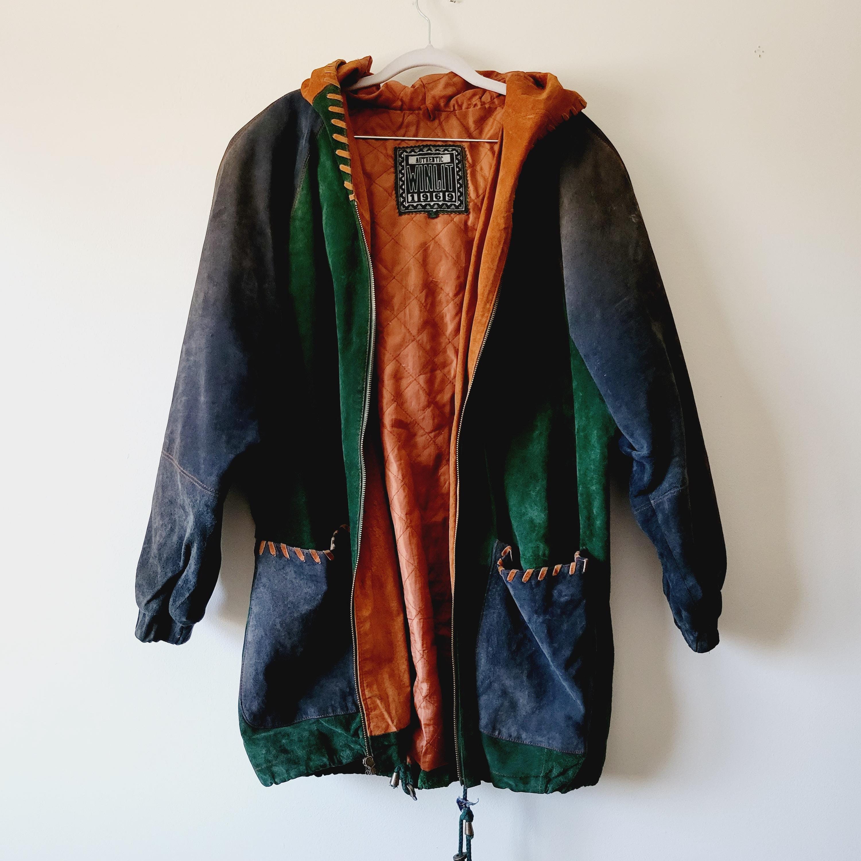 90s Colorblocked Suede Streetwear Jacket. Warm Hooded Men's