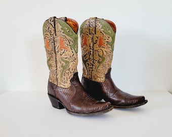 Frye Lily Lizard Skin Cowboy Boots Women&#39;s Size 8. Colorful Leather Western Wear Boots. Coastal Cowgirl Folk Art Tooled Leather Boots