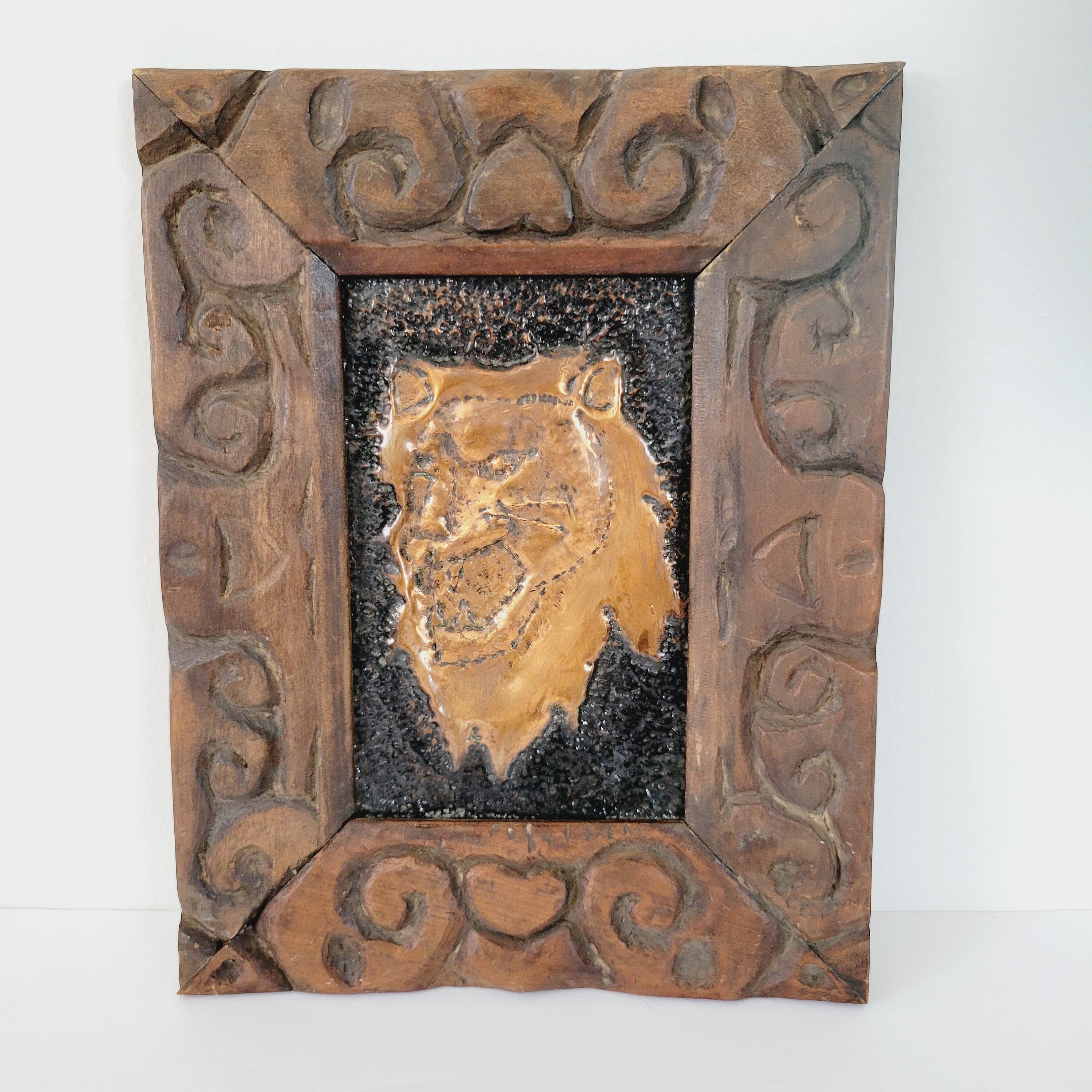 70s Japanese Hammered Copper Lion Wall Art. Vintage Textured Metal