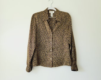 Vintage Rena Rowan Silk Blouse. 90s Gold and Black Ditsy Patterned Silk Button Up. Patterned Satin Polka Dot Blouse. Y2K Animal Print Top