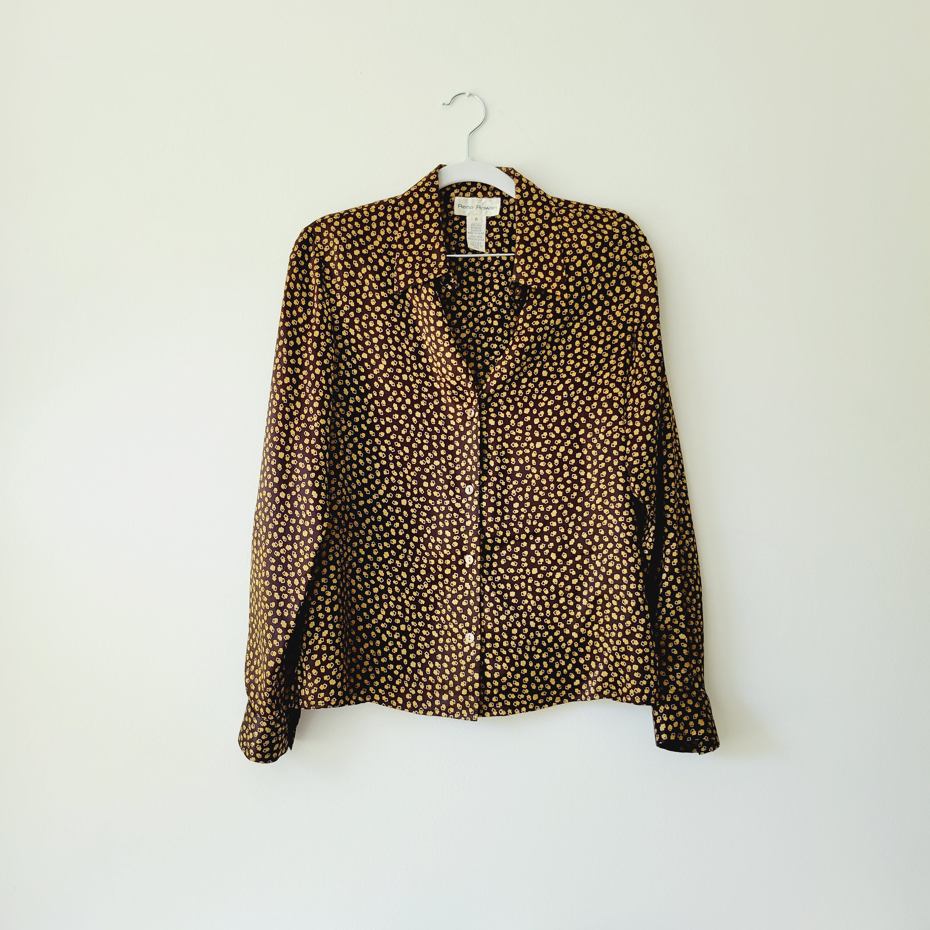 Vintage Rena Rowan Silk Blouse. 90s Gold and Black Ditsy Vintage Rena Rowan Silk Blouse. 90s Gold and Black Ditsy