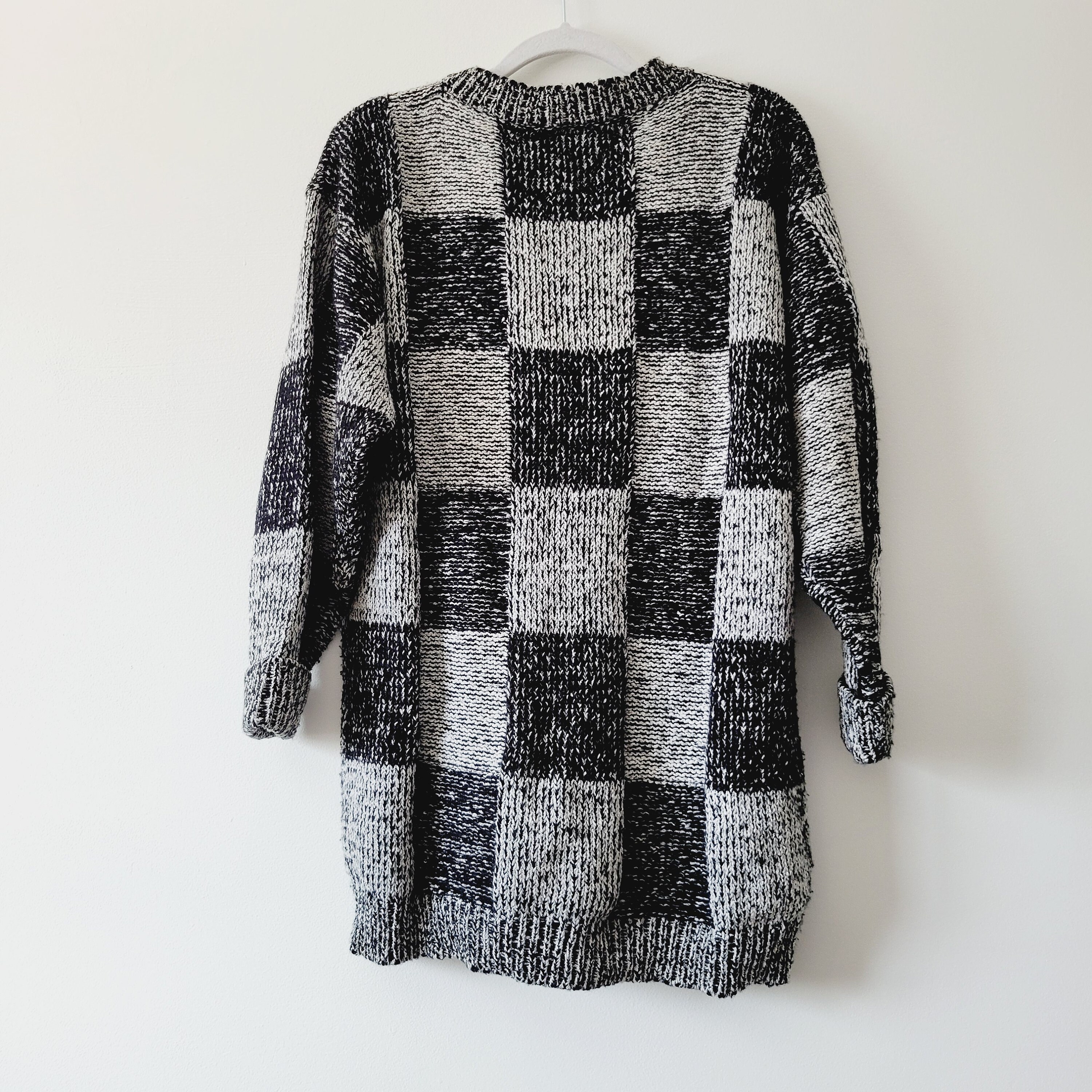Vintage 80s Checkerboard Knit Sweater Dress - Oversized Black 