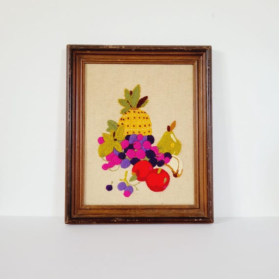 Earthy 70s Floral Cattail Crewel Embroidery. Vintage Fiber Art