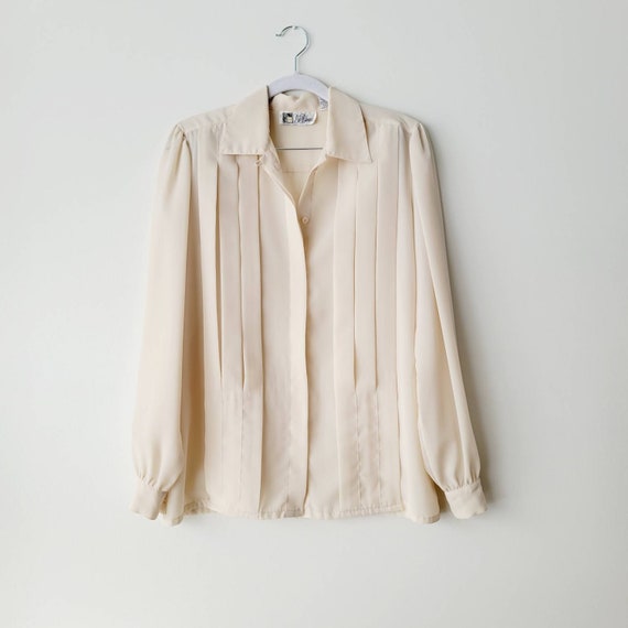 Vintage Cream Pleated Blouse, Flowy Business Casual Top