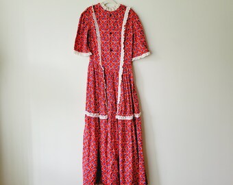 Vintage 70s Calico Prairie Dress with Lace Trim - Red Floral Maxi Dress