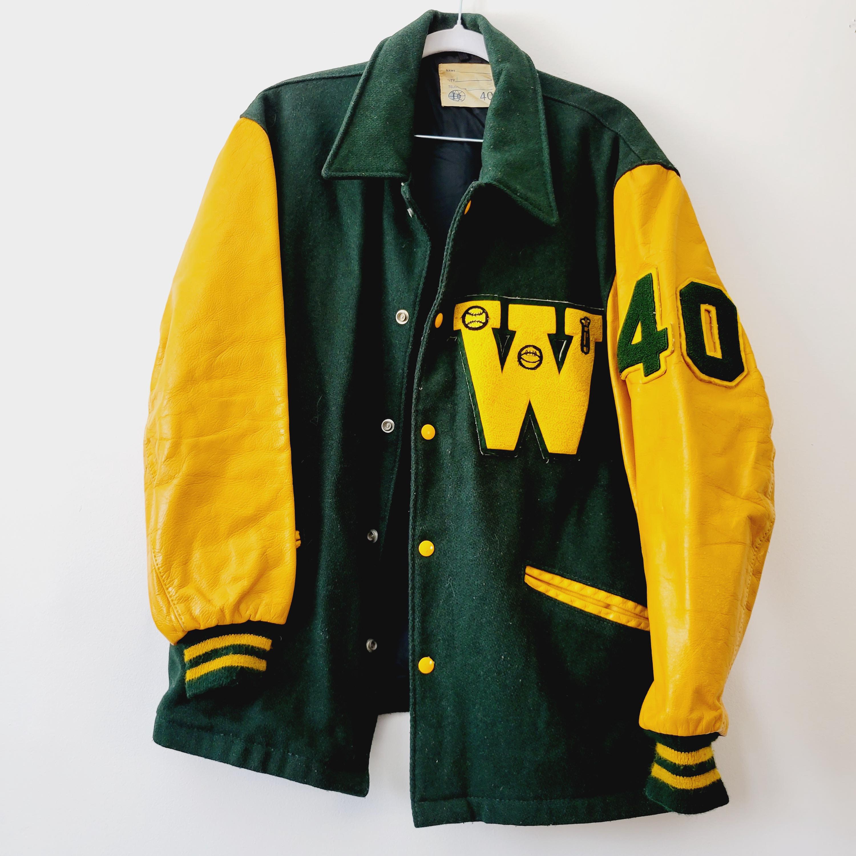 70s Green and Yellow Colorblocked Letterman's Jacket. Vintage Wool
