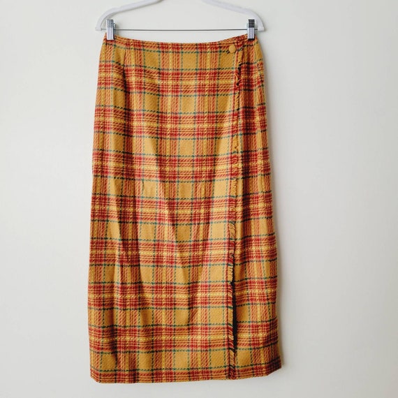 Vintage Wool Plaid Wrap Midi Skirt with Fringe – 1980s/1990s Danielle Martin View 5
