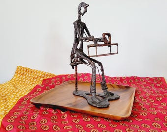 Brutalist Piano Man Welded Metal Art Object. Vintage Wrought Iron Musician Sculpture. Bronze Decorative Art Object Sculptural Decor
