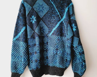 Vintage 90s Patterned Knit Sweater - Blue Geometric Pullover - Etsy