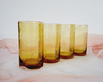 4 Yellow Handblown Glass Water Tumblers. Bright Bubble Glass Large Drinking Glass Set. Artisanal Glass Amber Colored Drinkware