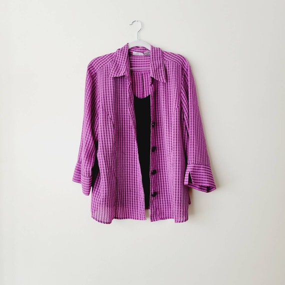 90s Bright Pastel Purple Gingham Blouse. Plus Siz… - image 1