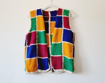Colorful Handmade Checkerprint Sweater Vest. Funky Grid Patterned Vintage Vest. Multicolored Jewel-Toned Vest for Layering