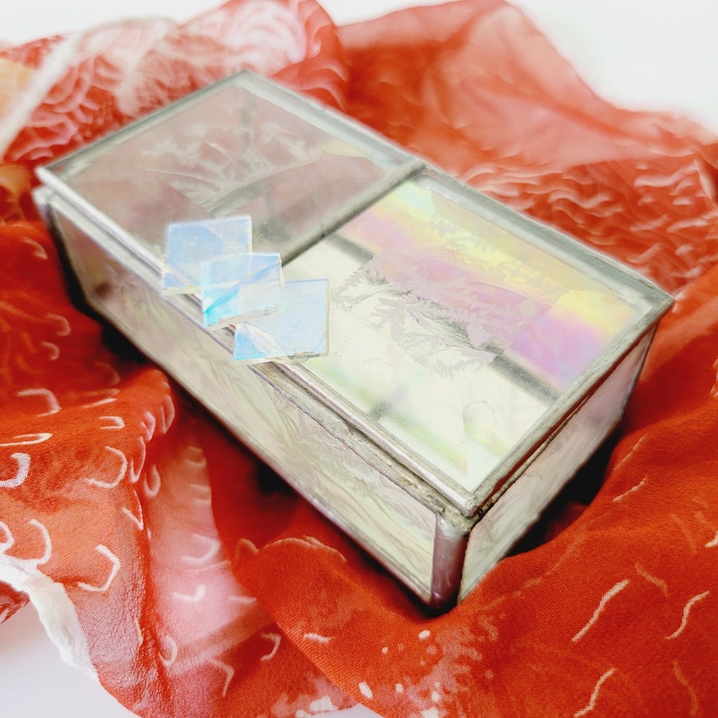 Vintage Handmade Iridescent Etched Glass Mirror Jewelry Box. Etsy