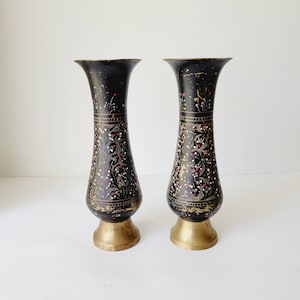 2 Matching Painted Etched Brass Vases. Pair of Vintage Boho Black and Pastel Speckled Vases. Rustic Thanksgiving Centerpiece Vases
