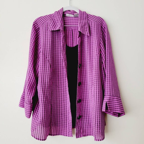 90s Bright Pastel Purple Gingham Blouse. Plus Siz… - image 2