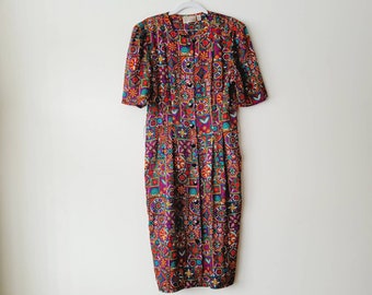 Vintage jaren 90 jurk met geometrische print - kleurrijke midi-jurk met knoopsluiting