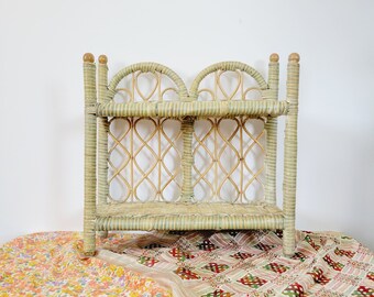 Pastel Green and Cream Rattan Two-Tier Countertop Shelves. Scalloped Boho Vanity Organizer. Cottagecore Hand Towel Toiletries Shelves