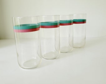 4 Tall Pfaltzgraff Juniper Retro Striped Water Glasses. Pastel Teal and Purple Band Drinking Tumblers. Libbey Round Bottom Iced Tea Glasses