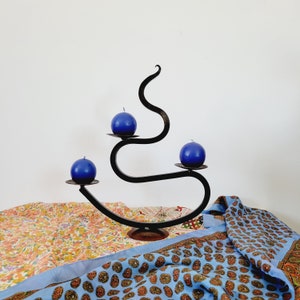 Wavy 3-Tiered Wrought Iron Candelabra. Funky Vintage Curved Metal Candle Holder. Fire Shaped Table Centerpiece. Organic Shape Candelabra