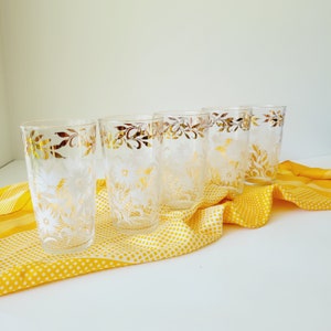 5 Hazel Atlas White and Gold Aster Juice Glasses. Mid Century Atomic Tumblers Set. Vintage Floral Print Glassware Set for Entertaining