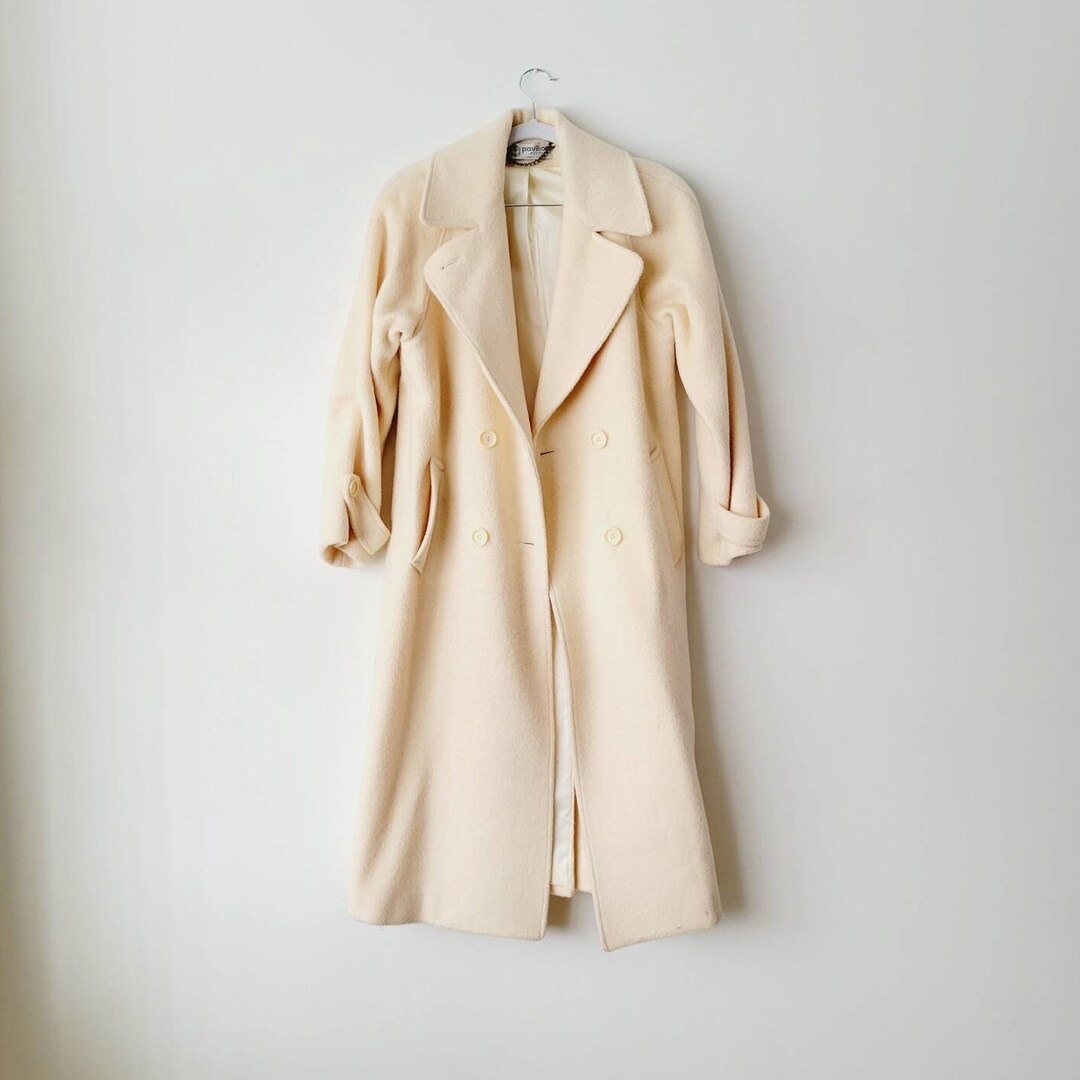 Dramatic Vintage Fulllength Ivory Wool Coat. Double Breasted Cream Pea Coat. Jacobson's Long
