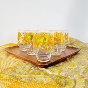 6 Tapered Hazelware Gingham Garden Tumblers. Vintage 60s Flower Power Glassware Set. Checkered Floral Print Stackable Drinking Glasses