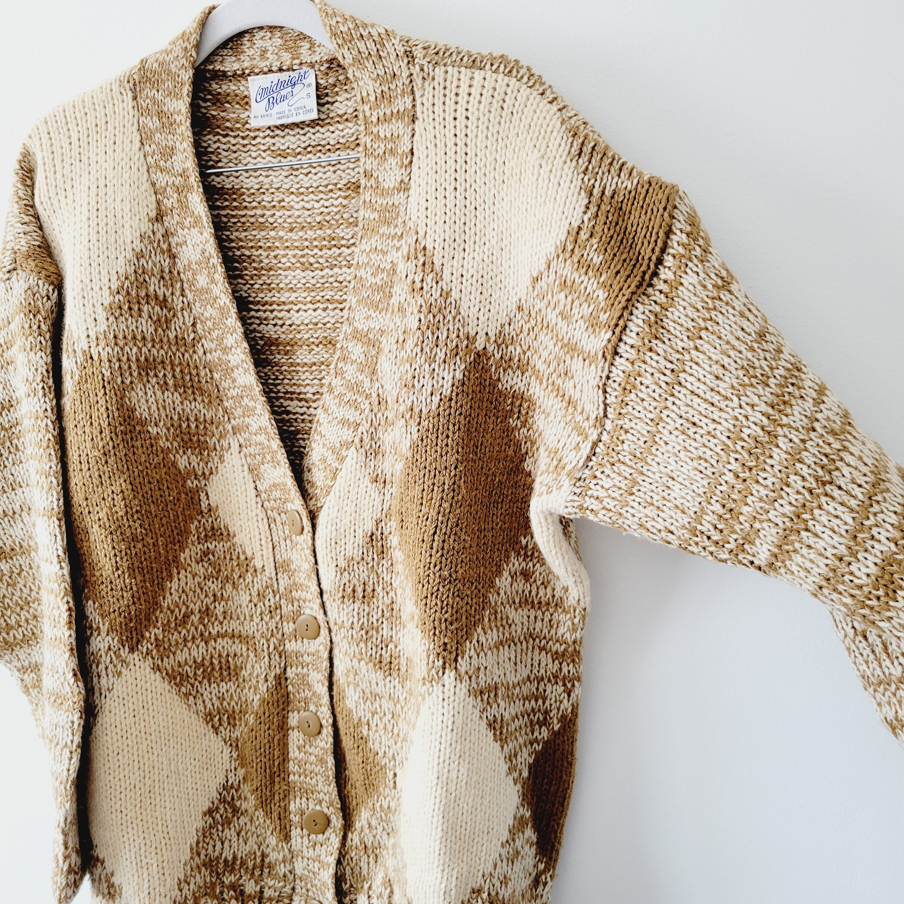 Vintage 90s Knit Cardigan Sweater - Diamond Pattern Oversized 