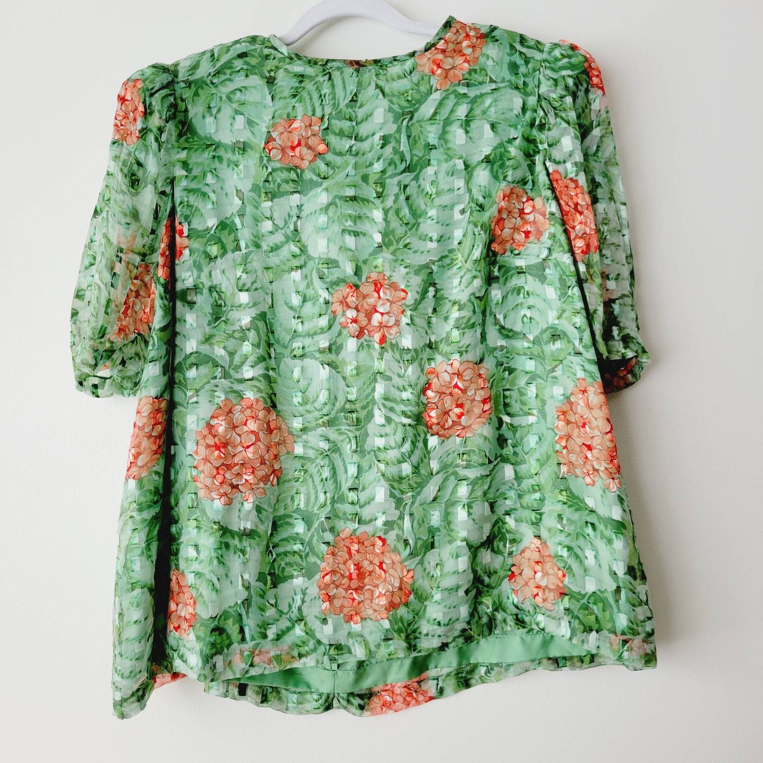 80s Flowy Lime Green Floral Patterned Blouse. Vintage Coral Flower