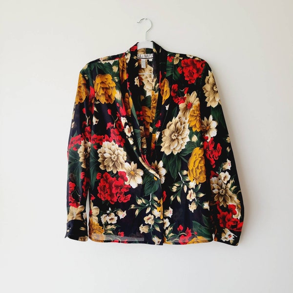 Moody Floral Shawl Collar Blouse. Vintage 80s Deep V Button Front Blouse. SK & Company Colorful Draped Blouse Top