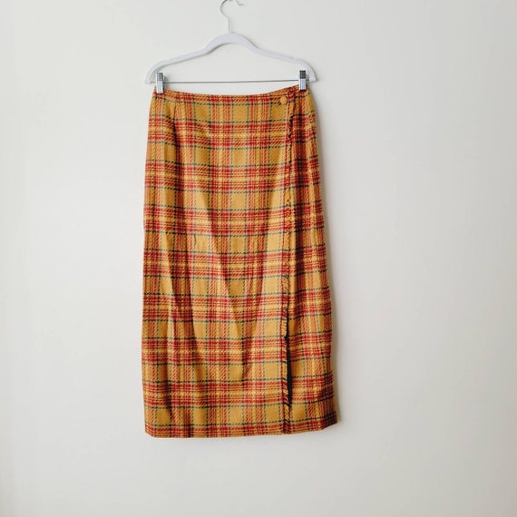 Vintage Wool Plaid Wrap Midi Skirt with Fringe – 1980s/1990s Danielle Martin
