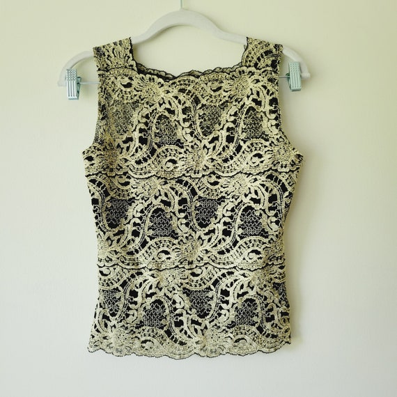 Vintage 90s Sleeveless Blouse Square Neck Lace Tank Top. Kay Celine  Stretchy Black and Taupe Lace Y2k/90s Tank With Sheer Back 