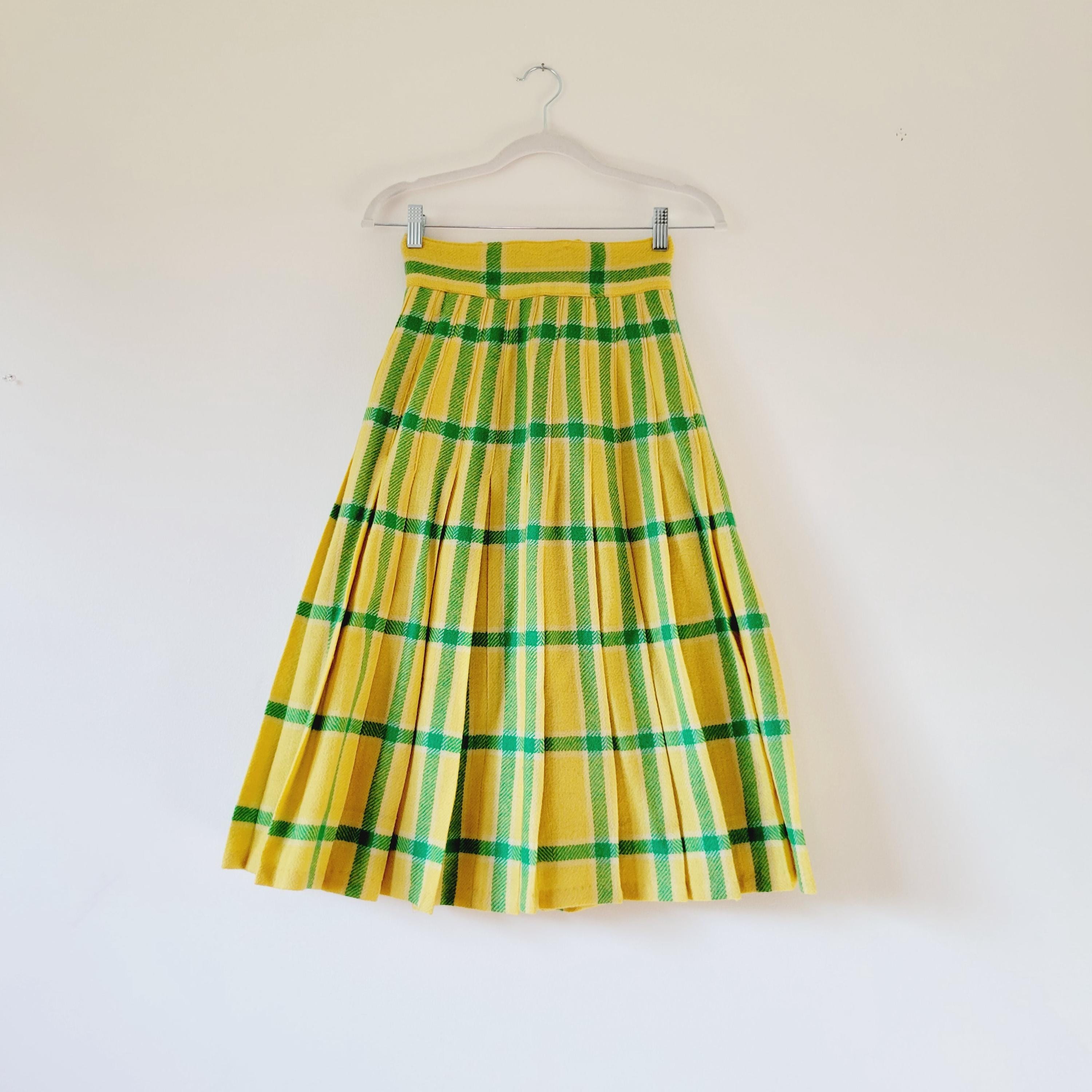Saia circular plissada de lã feita à mão, amarela e verde, dos