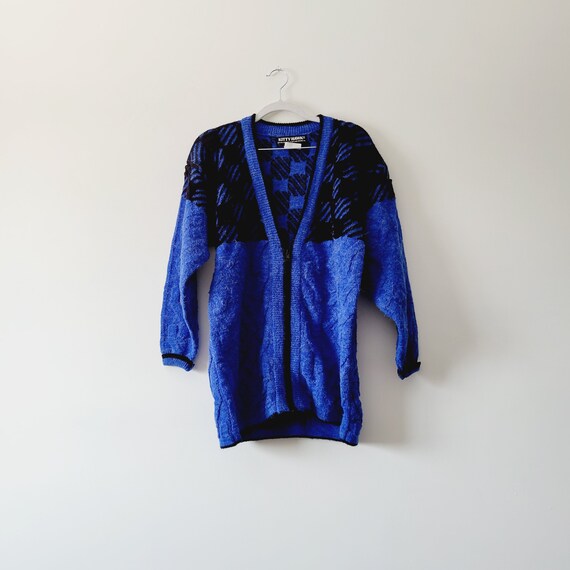 80s Soft Cobalt Blue Checkered Cardigan. Black an… - image 9